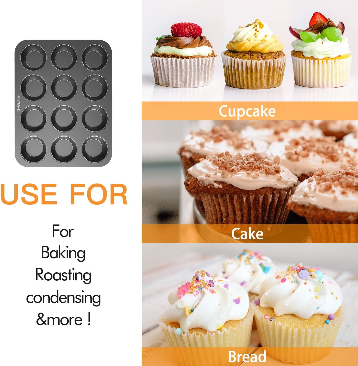 CHEFMADE 12 Cups Muffin Pan Set, 2 Packs Bakeware Non-Stick Cupcake Baking Pan Heavy Duty Carbon Steel Pan Muffin Tins Standard Baking Mold for Cakes