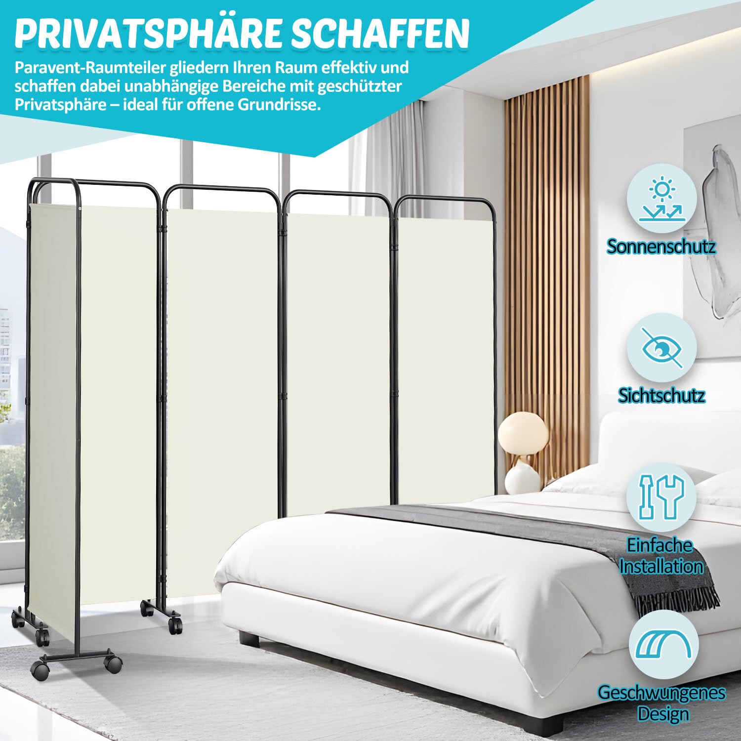 Paravent de séparation de pièce pliable sur roulettes - 5 pièces - 284 x 180 cm - Séparateur de pièce autonome pour bureau et chambre à coucher - Beige