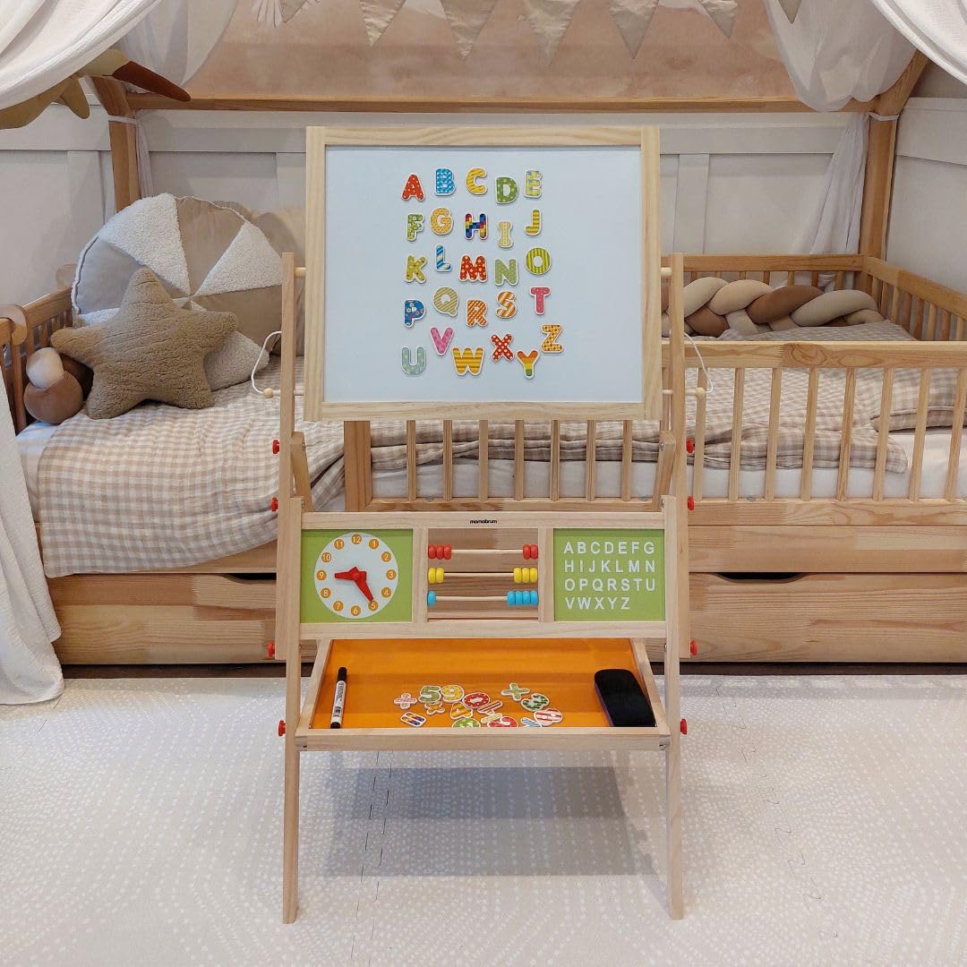 Mamabrum Pizarra Infantil Magnética 2 Caras con Estante - Pizarra Blanca y de Tiza con Accesorios, Ábaco y Reloj - Magnetica Infantil de Madera 98 x 45cm para Aprendizaje