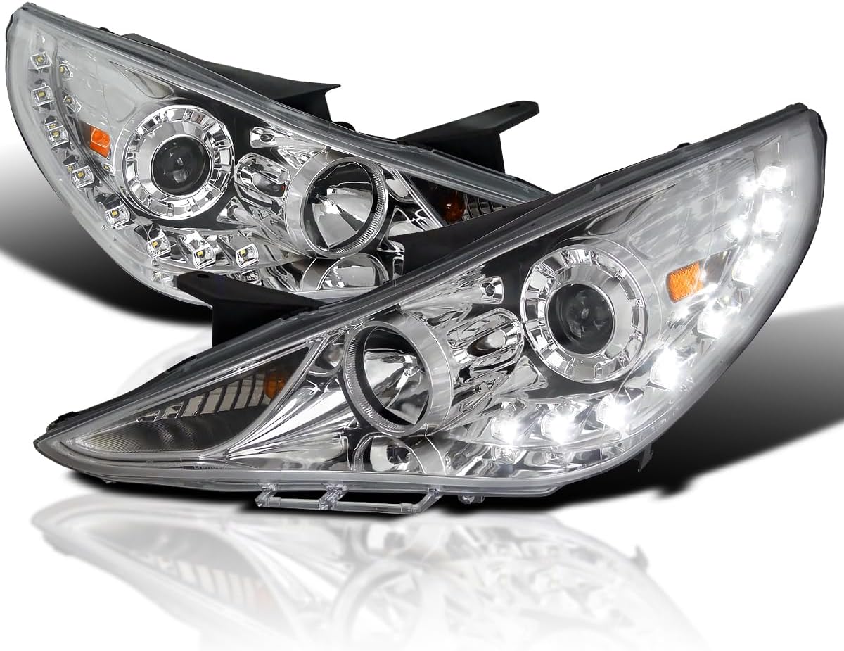 SPEC-D TUNING SMD LED Chrome Projector Headlights Compatible with 2011-2014 Hyundai Sonata, Left + Right Pair Headlamps Assembly