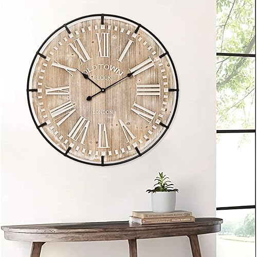 Miniatura 8 de Reloj de pared grande de 30 pulgadas, reloj de pared extragrande de madera y metal, silencioso y funciona con pilas para decoración de sala de