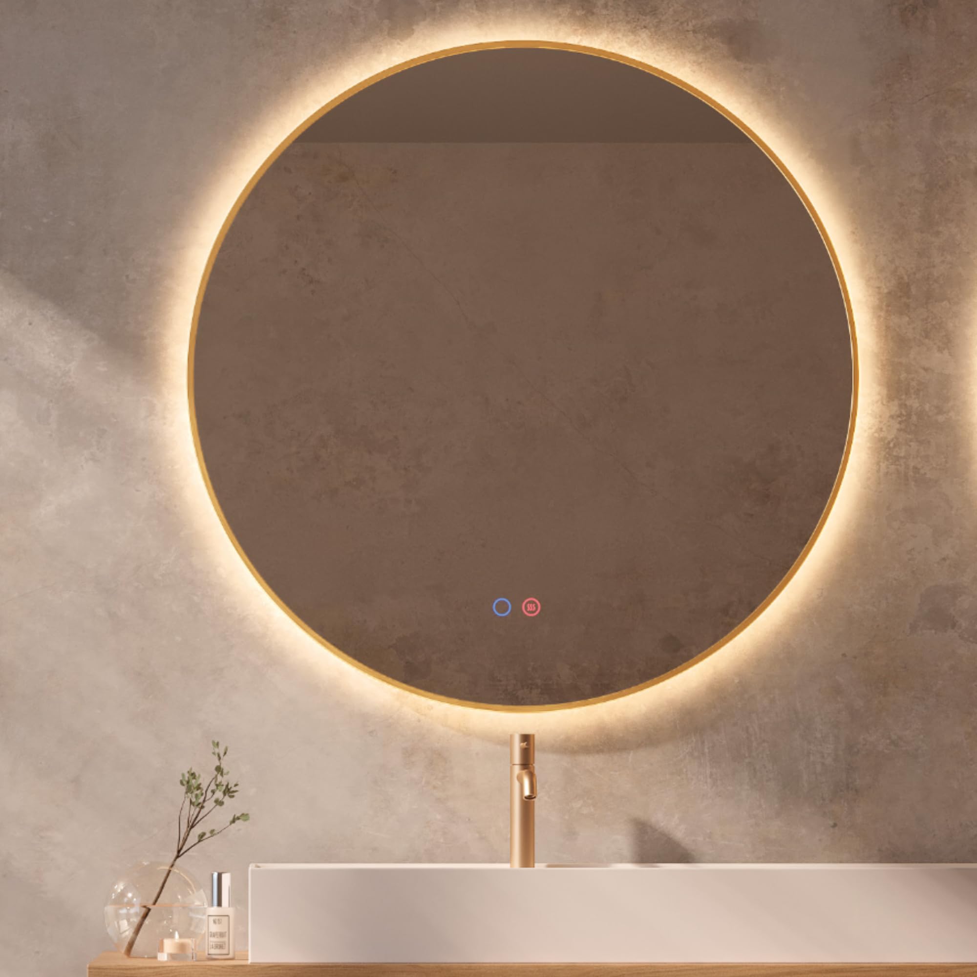LEDIMEX - Espejo Redondo Baño con Luz LED 70cm Retroiluminado, Sensor Antivaho y Marco Dorado | Espejo Inteligente Oro Cepillado con Luz Tri-LED (Cálida, Neutra y Fría) y Sensor ON/OFF | Serie Fun