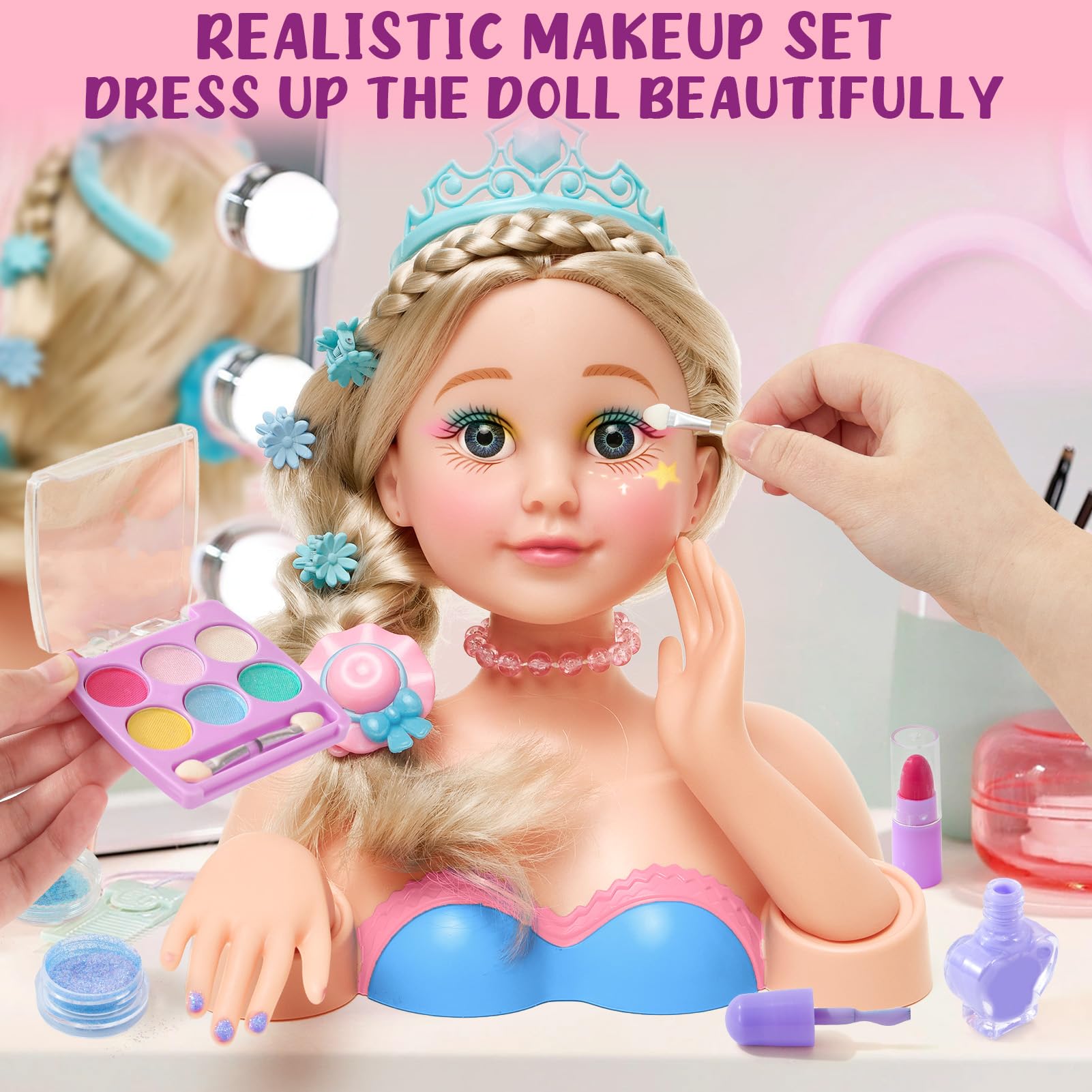 G.C Schminkpuppe Frisierkopf für Kinder Mädchen Spielzeug mit Schminkkopf Haartrockner Nagellack Kinderschminke Friseur Zubehör, Puppenkopf zum Frisieren und Schminken Geschenk Mädchen 3 4 5 6 Jahre