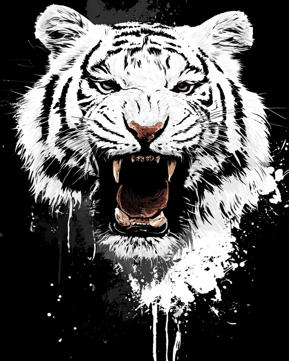 Liubaishi Black And White Paint By Numbers For Adults, Black Roaring White Tiger, 40X50 Cm Acrylic Canvas Kit With 3 Brushes