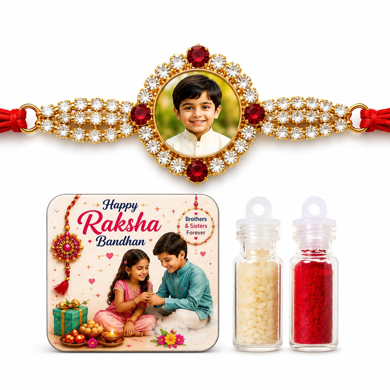 Photo Rakhi, Custom Photo Rakhi with Fridge Magnet & Rice Kumkum Mini Bottle Set | Customized Raksha Bandhan Gift for Bhai | Premium Designer Rakhi-image-17