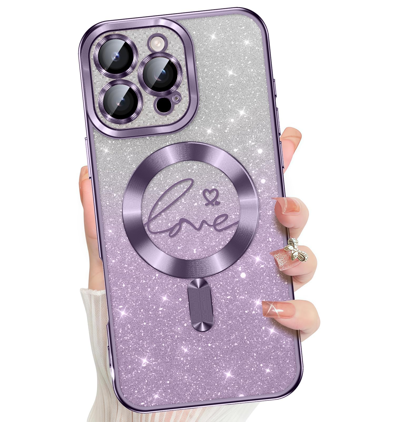 Misscase for iPhone 16 Pro Case Magnetic Glitter with Full Camera Lens Protector,[Compatible with MagSafe] Cute Glitter Bling Sparkly Love Hearts
