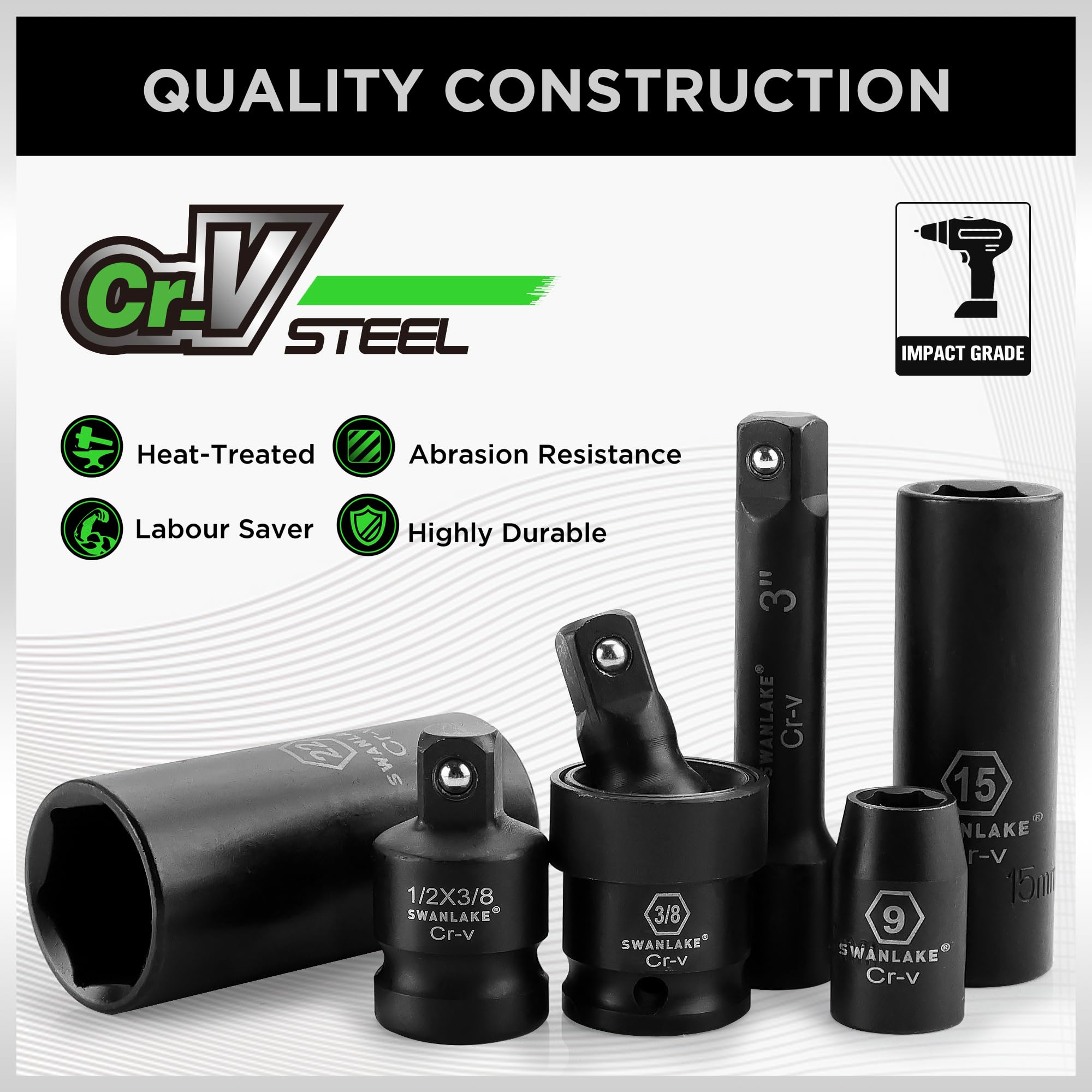 SWANLAKE - Set di chiavi a bussola da 3/8", 50 pezzi, standard SAE (5/16 a 3/4") e metriche (8-22 mm), 6 punti, Cr-V, impugnatura a cricchetto da 3/8", barra di estensione, giunto universale