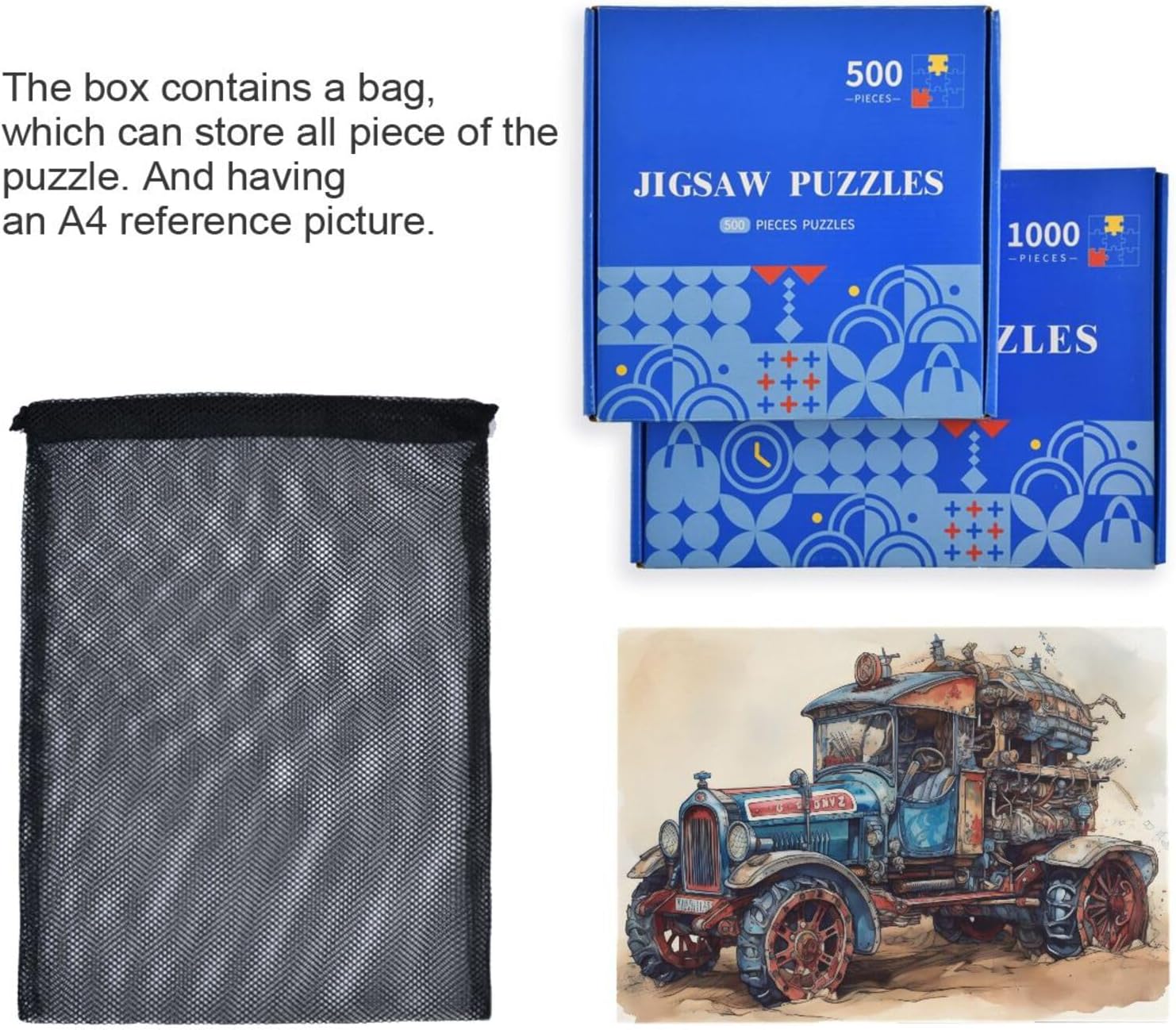 Jigsaw Puzzle 1000 Pieces-Steampunk Car for Adults, Zigsaw with Alphabet at Back Storage Bag 29.5×19.7 in