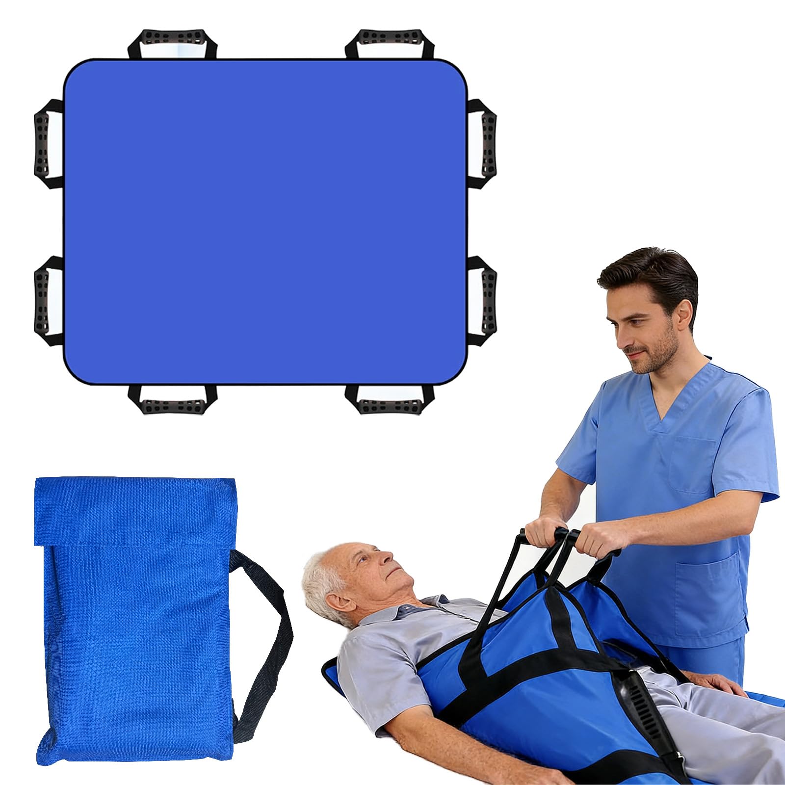 Paño deslizante para cama postrada, tabla de transferencia para levantadores de pacientes, 120 x 100 cm, para personas postradas en cama con 8 asas, color azul