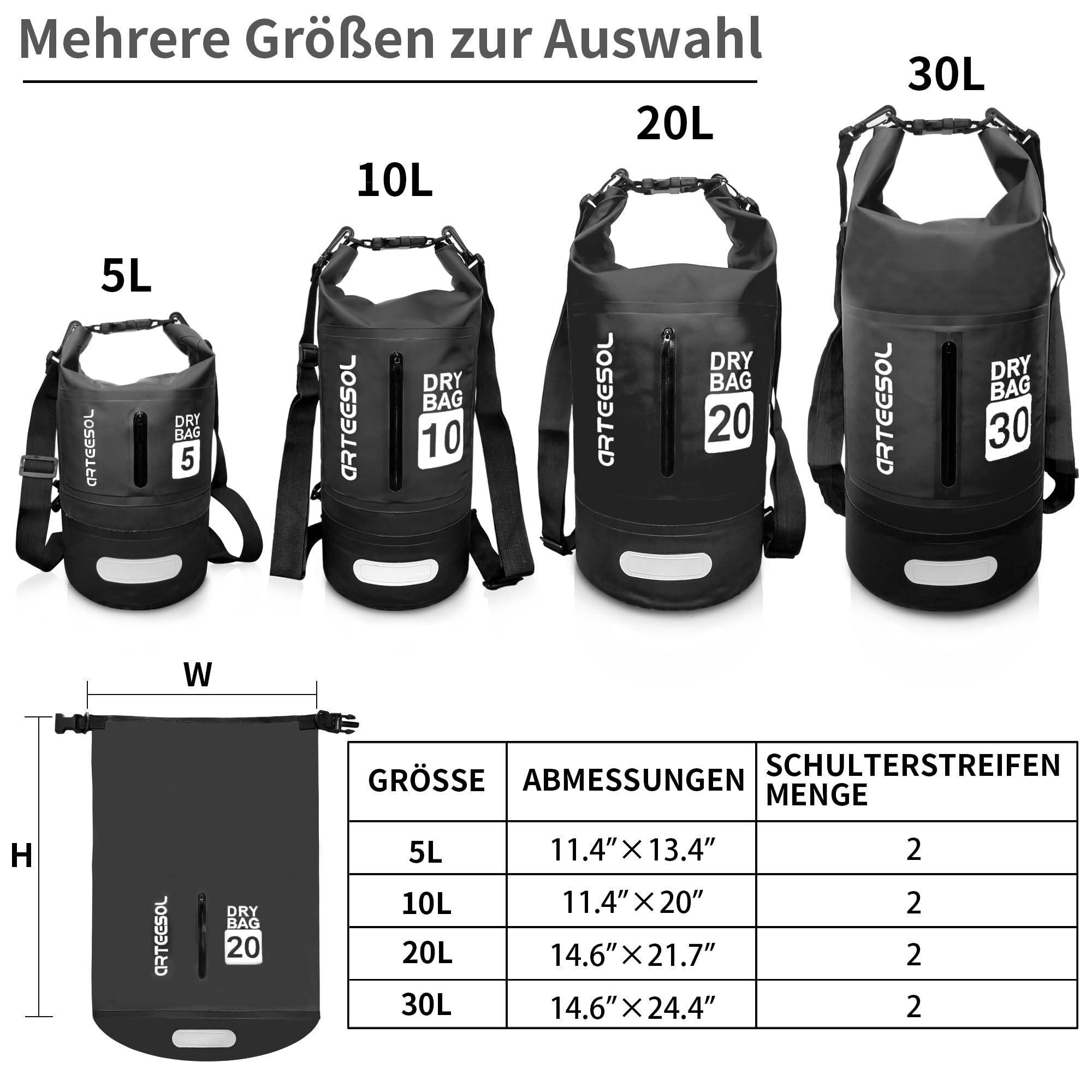 Dry Bag - 5L 10L 20L 30L Waterproof trockener Beutel/Sack wasserdichte Tasche mit Langem justierbarem Bügel für Kayaking Boots-Ausflug Kanu/Fischen/Rafting/Schwimmen/Snowboarding