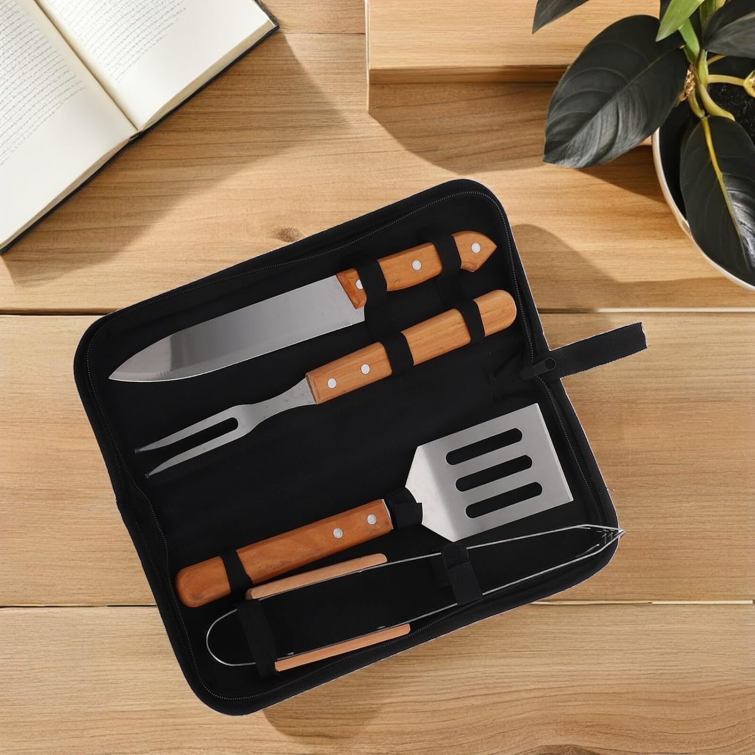 Alasum Stainless Steel Grill Set BBQ Tool Kit with Fork Spatula Tongs, Portable Outdoor Barbecue Utensils in Carry Bag, 4pcs BBQ Grilling Tools for Camping and Backyard Cooking