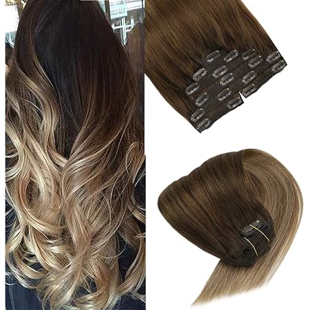 Sunny Haarclips Extensions Echthaar Balayage Dunkelbraun Zu Mittelbraun Mixed With Blond Glatt Clips Extensions Remy Haare 7pcs 120g 16zoll 40cm Amazon De Beauty