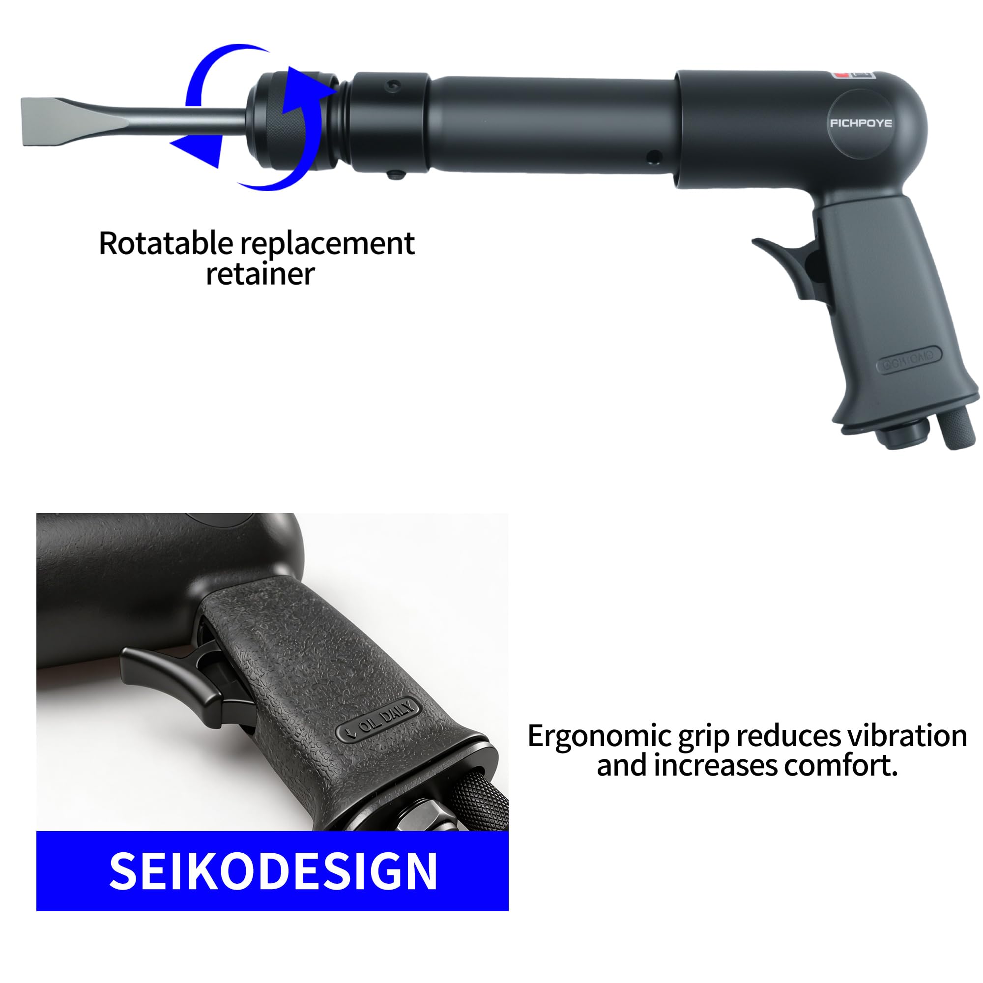 Martillo neumático de alta resistencia – 2500 BPM de alta velocidad con carrera de 3.54 pulgadas, sistema de cincel de cambio rápido de autobloqueo y juego de cinceles de acero de aleación de