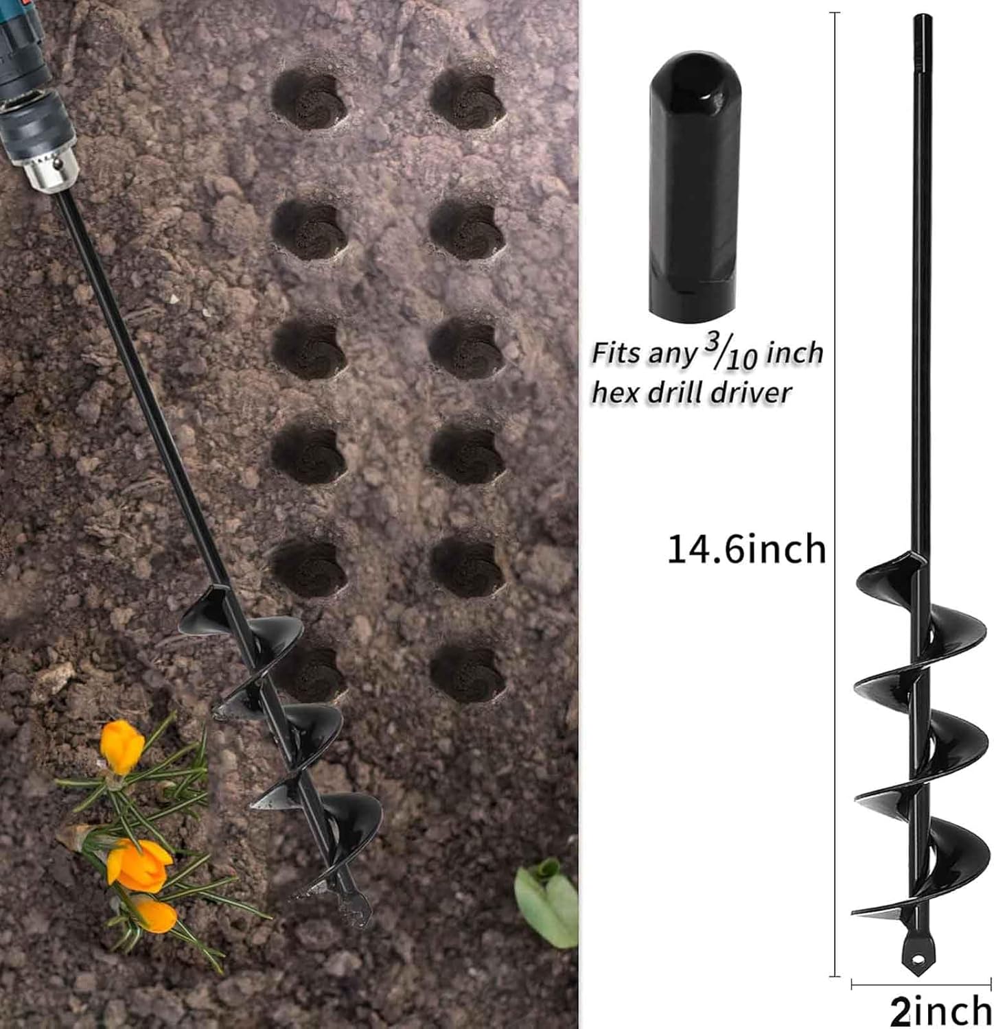 TCBWFY 24 Inch Auger Drill Bit for Planting - 1.2"x24" Long Handle Easy Planter Garden Auger,TCBWFY Auger Drill Bit 2x14.6inch Garden Plant Flower Bulb Auger Rapid Planter Bulb & Bedding Plant Auger