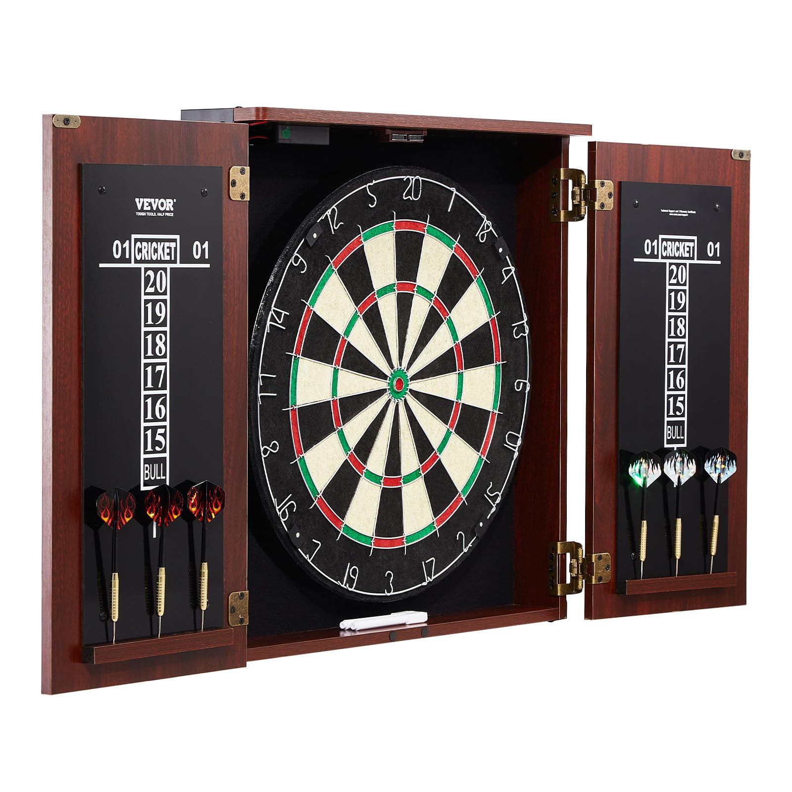 VEVOR Cible de Fléchettes et Armoire Prêt à Jouer, Armoire à Fléchettes de Taille Officielle, Jeu de Fléchettes à Pointe en Acier, avec Lumière LED, Accessoires Complets, pour Jeux de Cricket