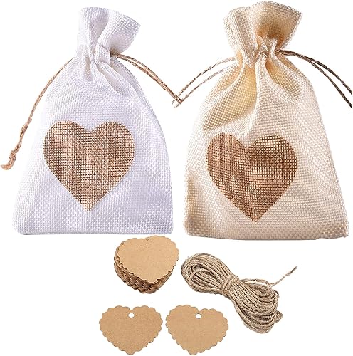 Miniatura 7 de Bolsas de arpillera, 40 paquetes de 4 x 6 pulgadas, con cordón de corazón, bolsa de regalo de arpillera, bolsas para caramelos, bolsillos de lino