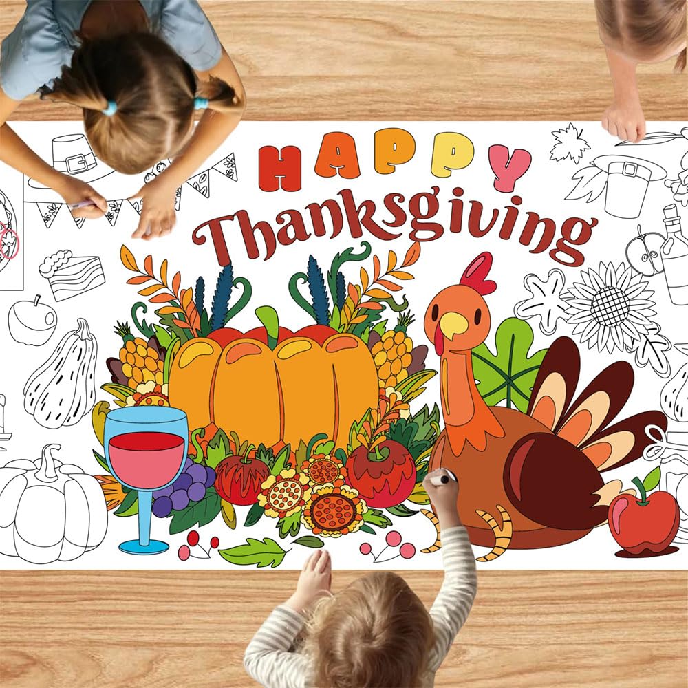 Quimoy Thanksgiving Giant Coloring Poster, 72 x 30 Inches Thanksgiving Tablecloth/Banner, Thanksgiving Crafts for Kids School Classroom Home Party
