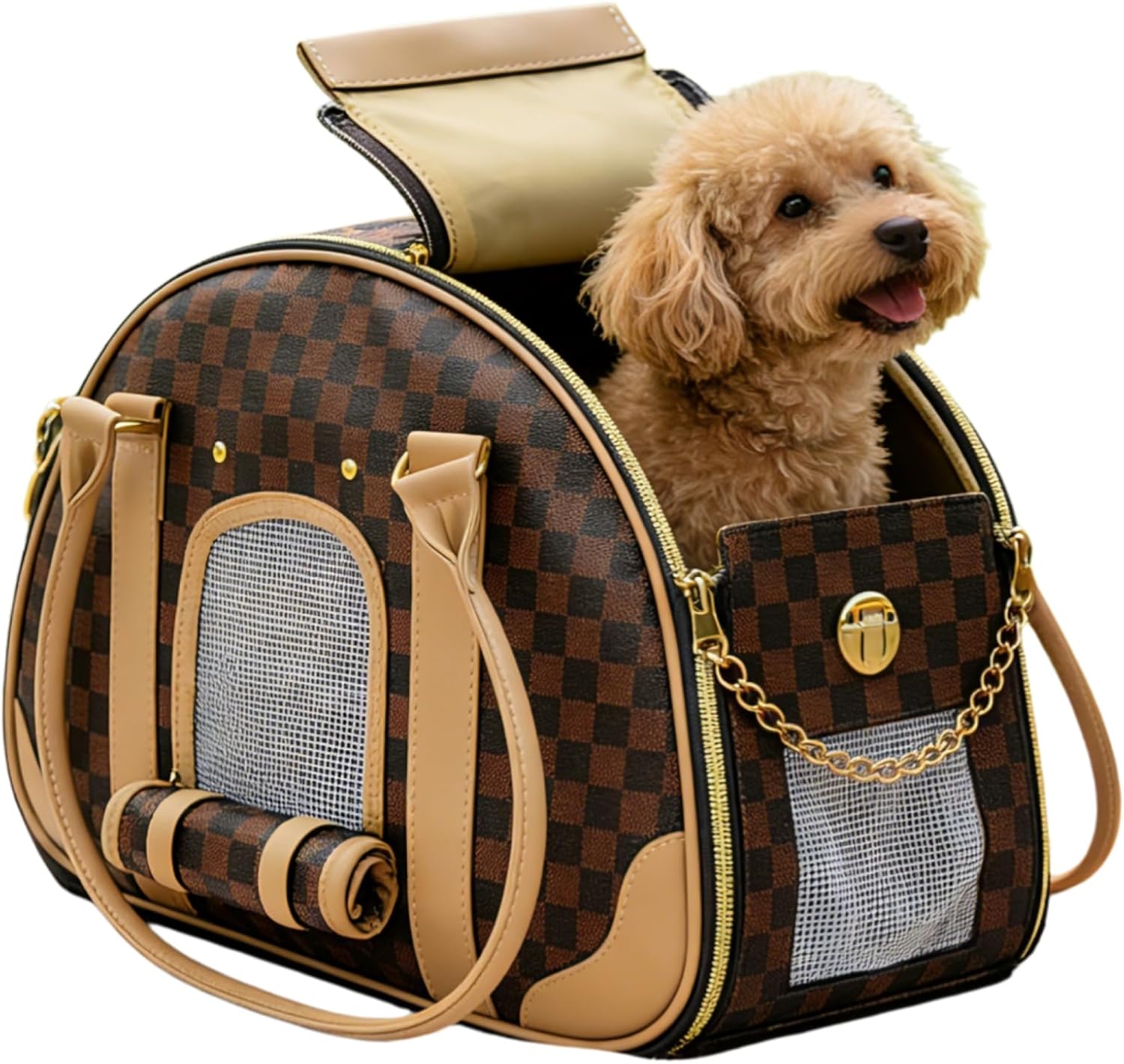 Pet Carrier Dog Purse, PU Leather Dog Handbag for Small Dogs Cats Puppy, Portable Tote Bag Soft-Sided Pet Carriers Brown