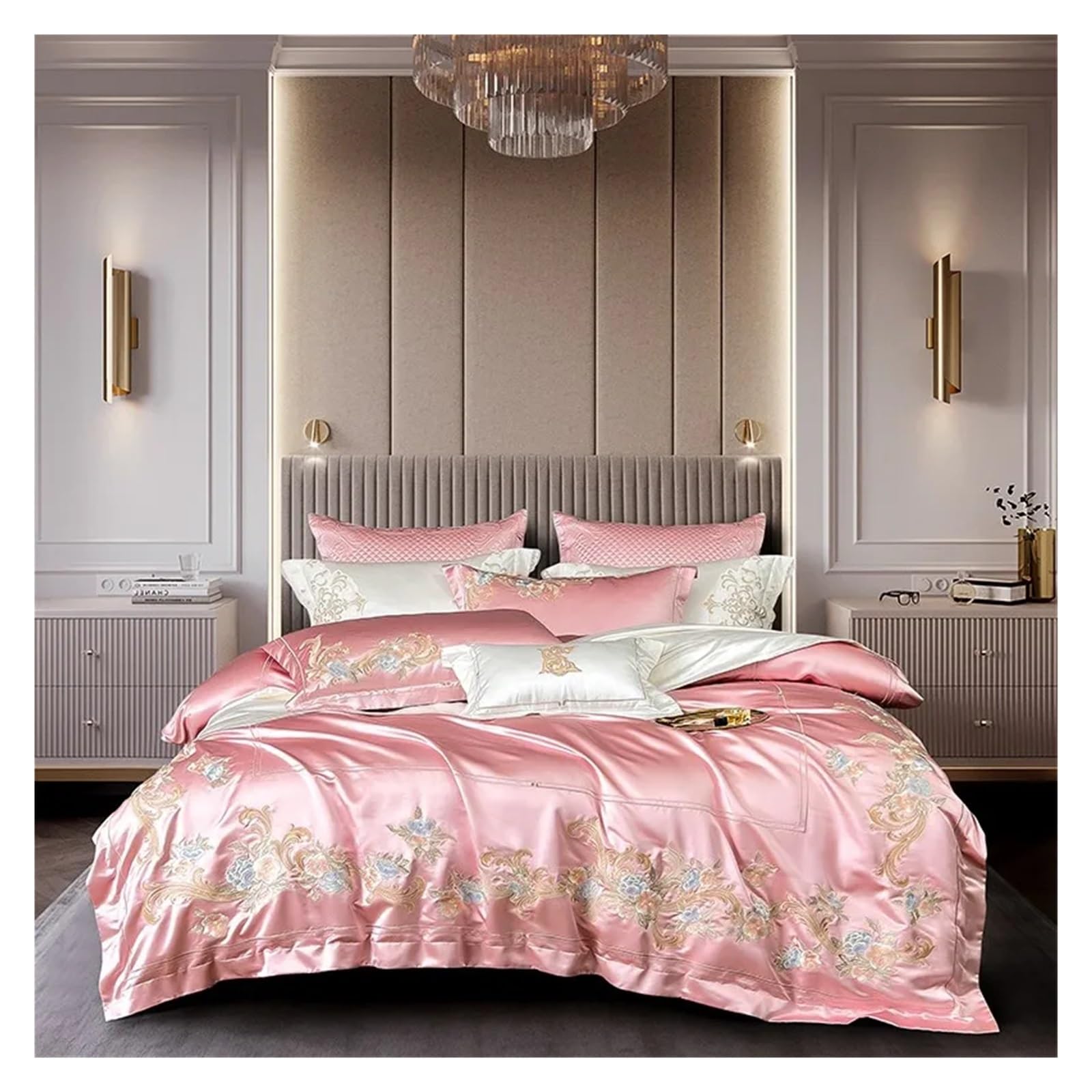 Sbcgfy B Duvet Cover Sets, Luxury Silk Satin Silky Long Staple Cotton Duvet Cover Set White 4Pcs Chic Embroidery Edding Set Edspread Pillowcases,-Flat Ed Sheet_king 4Pcs
