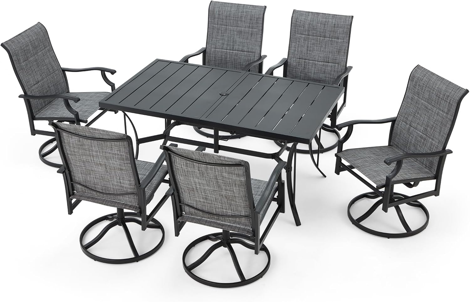 Patio Dining Set for 6, 6 Piece Patio Swivel Chairs with 1 Piece Large Mental Rectangular Dining Table for Backyard Front Porch Pool Deck,Gray