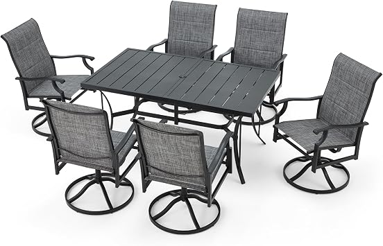 BUPPLEE Patio Dining Set for 6, 6 Piece Patio Swivel Chairs with 1 Piece Large Metal Rectangular Dining Table for Backyard Front Porch Pool Deck,Gray