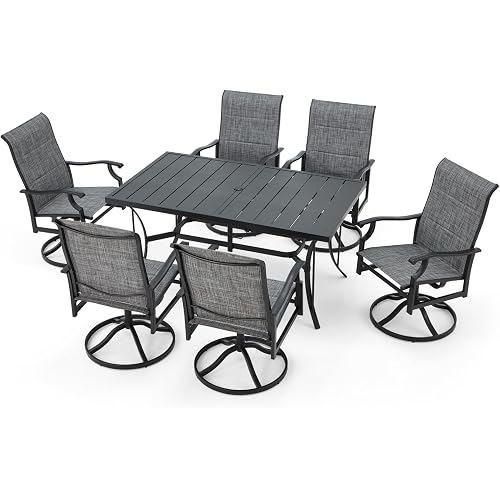 BUPPLEE Patio Dining Set for 6, 6 Piece Patio Swivel Chairs with 1 Piece Large Metal Rectangular Dining Table for Backyard Front Porch Pool Deck,Gray