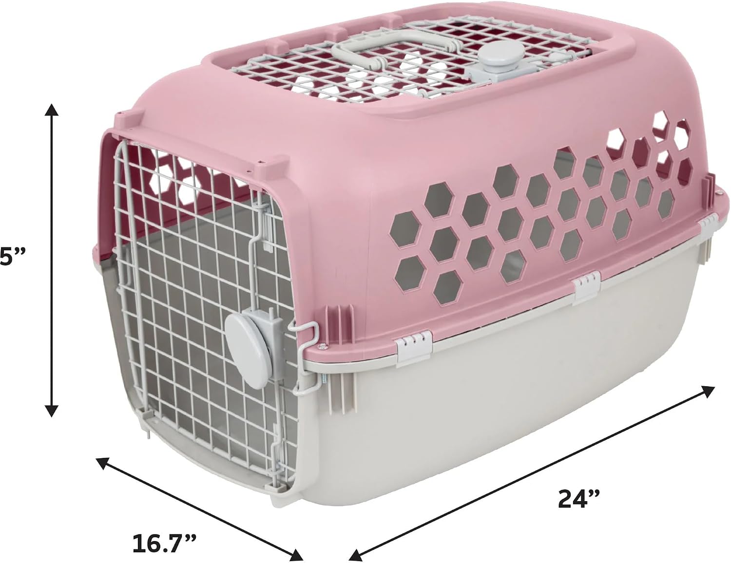 Two-Door Plastic Dog & Cat Kennel, Blue, Top & Front Openings, Heavy-Duty Steel Wire, Side Ventilation, for Pets Up to 30 lbs, 24" L x 16.5" W x 14.5" H (Pink)