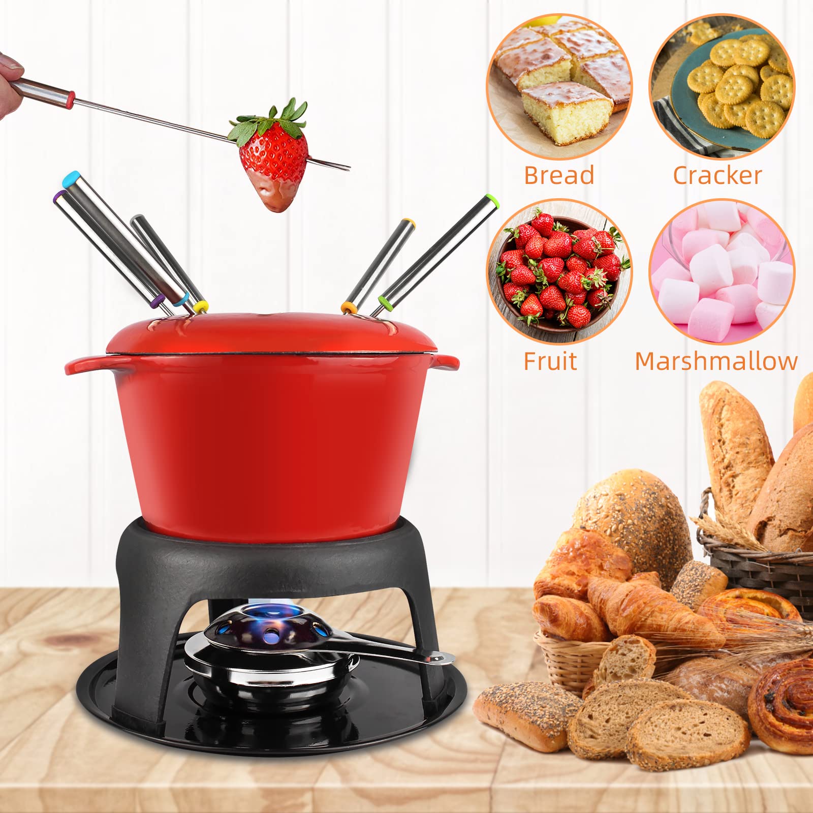 Todeco Service à Fondue avec 6 fourchettes, Set à Fondue pour Fondue Savoyarde, Bourguignonne et au Chocolat, Fondue au Fromage pour 6 Personnes, 27,5 x 21 x 21 cm, Rouge