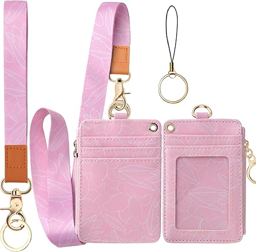 Funda porta tarjeta de identificación de piel sintética con 1 ventana para identificación, 2 ranuras para tarjetas, 2 llaveros y correa para el