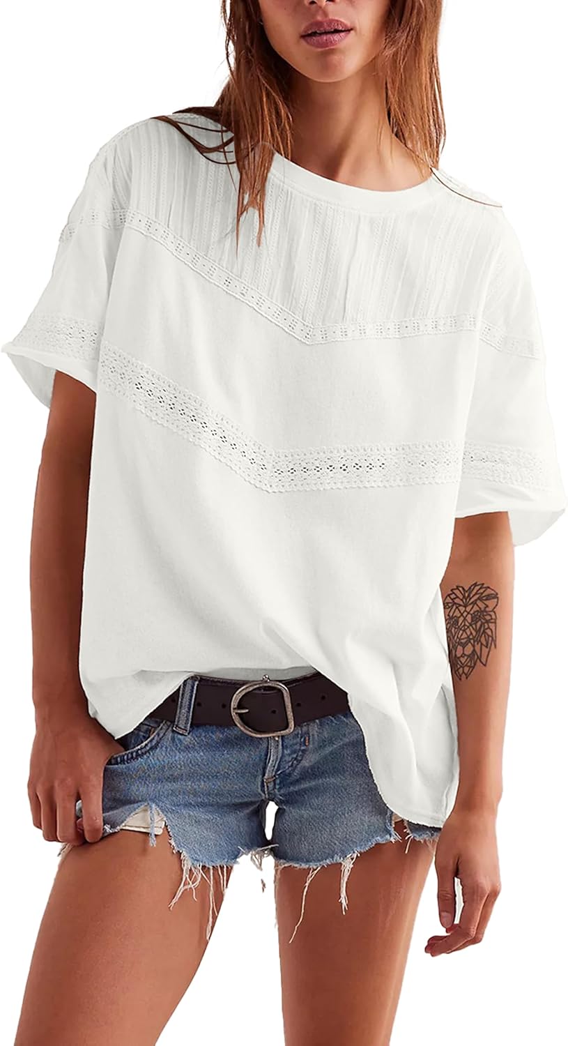 Cotton Tops for Women Lace Crochet Short Sleeve Shirts Spring Street Wear Blouses D...