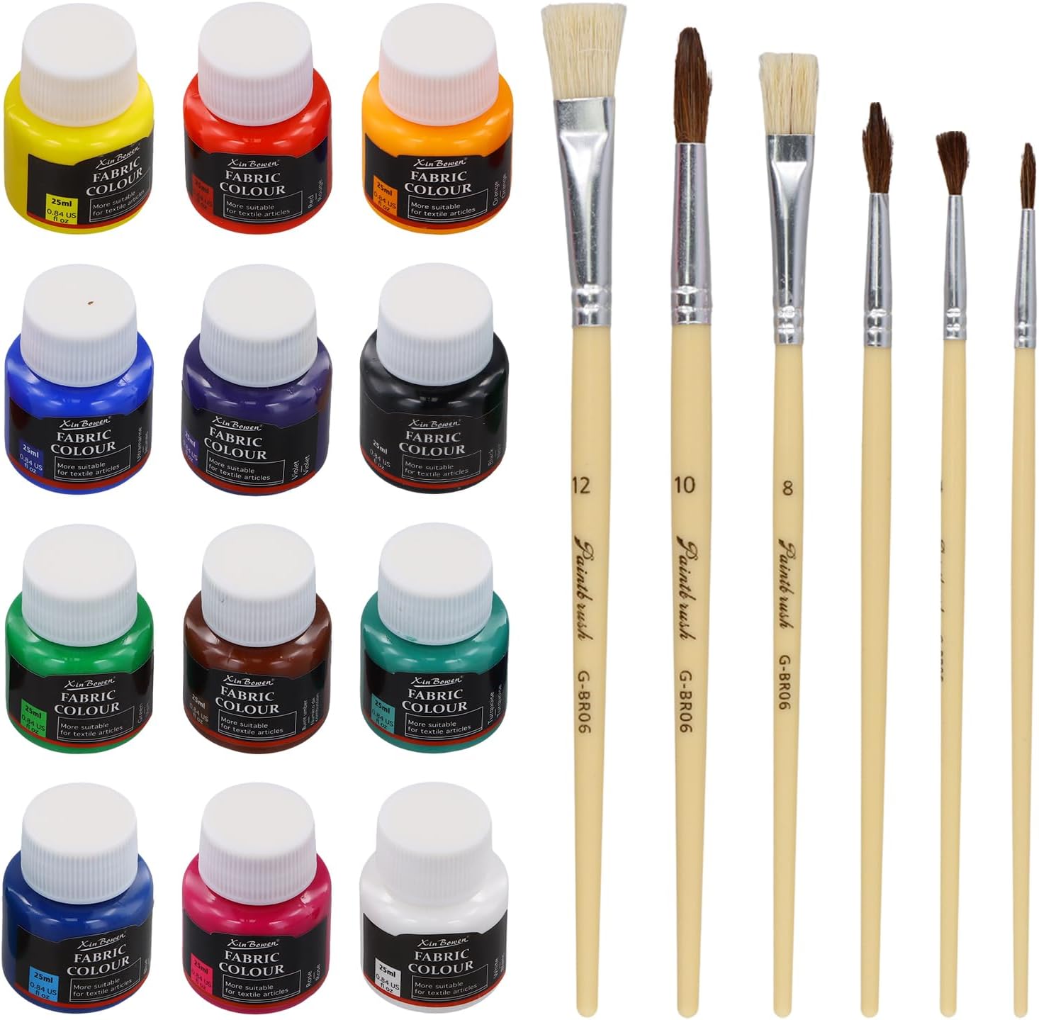 Textile Paint, Permanent Fabric Paint 12 Colours x 25 ml, Clothes Dye with 6 Brushes, Clothing Dye for Painting Shirts, T-Shirts, Sneakers, Jeans, Sneakers and Any Fabric