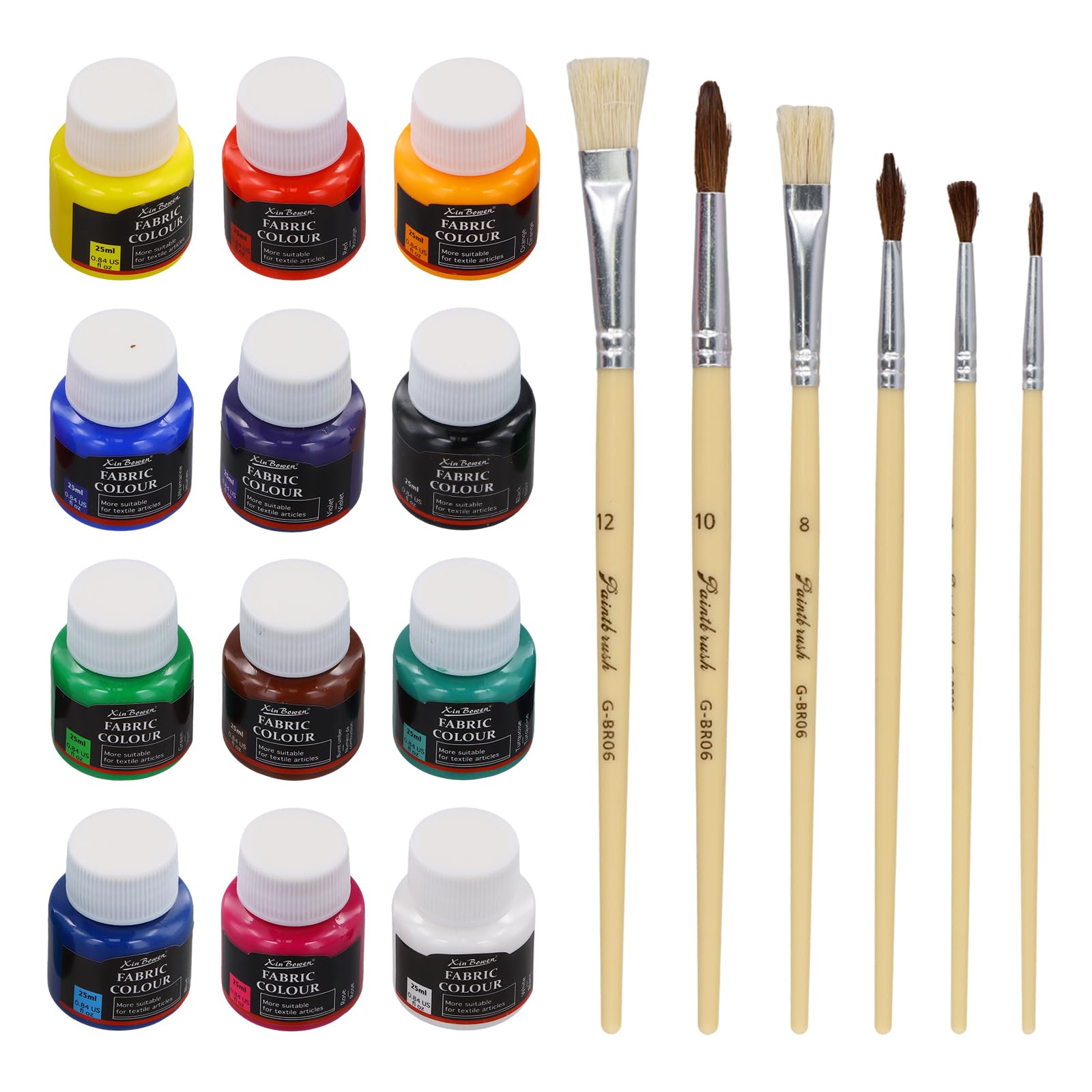 Textile Paint, Permanent Fabric Paint 12 Colours x 25 ml, Clothes Dye with 6 Brushes, Clothing Dye for Painting Shirts, T-Shirts, Sneakers, Jeans, Sneakers and Any Fabric
