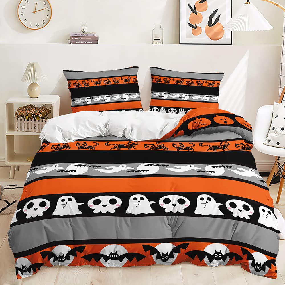 Lunoroey Halloween Bedding Set Double Size Kids Boys Girls Duvet Cover Set Halloween Room Decor Cute Pumpkin Cat Bat Goast Skull Print Bedding Set Halloween Decor — image 1