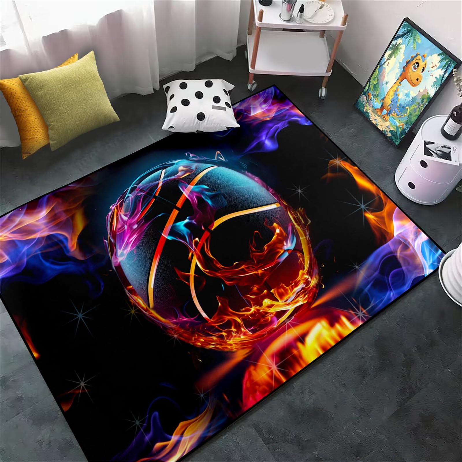 Basketball Rug for Boys Bedroom - Basketball Rug Sports Rug for Boys Room Colorful Basketball Carpet Basketball Rugs Door Mat Red and Blue Flame Printed Sports Carpet for Kids Playroom,2'5''×4'