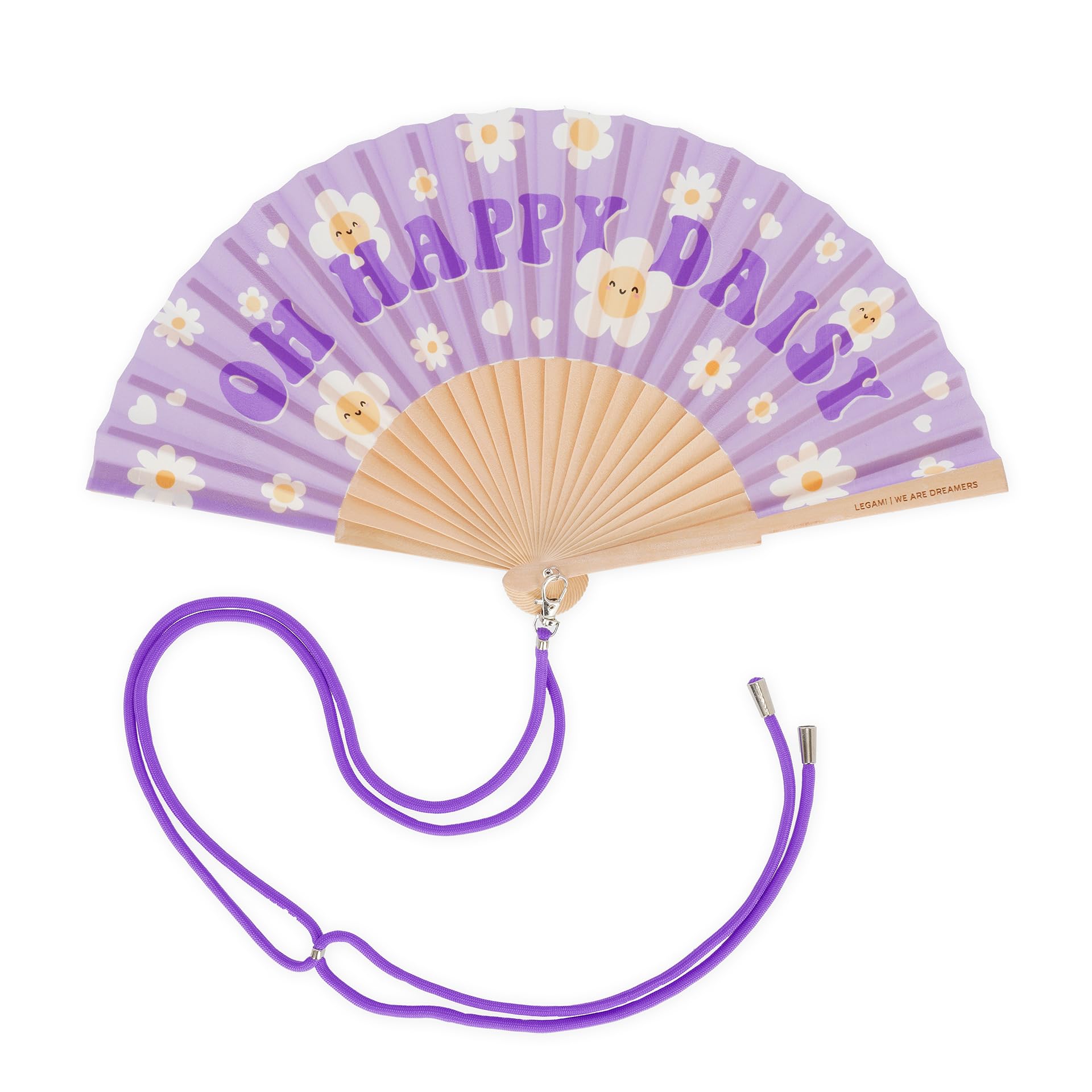 LEGAMI Folding Fan ¡Que Calor! Daisy Design, Removable and Adjustable Cord in Matching Design, Made of Polyester, Wooden Handle, 3.6 x 23 cm