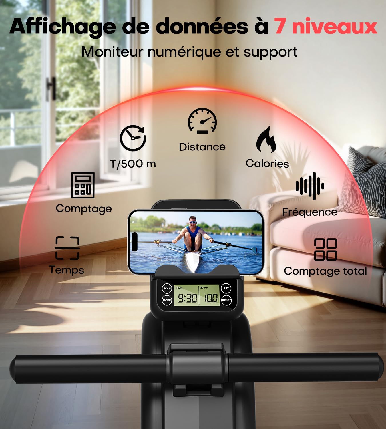 Rameur Musculation D'appartement, MOSUNY 16/32 Niveaux de Résistance Rameur Magnétique, Glissières Doubles améliorées, Ultra Silencieux, App-Compatible, Capacité de Poids jusqu'à 160/180 kg