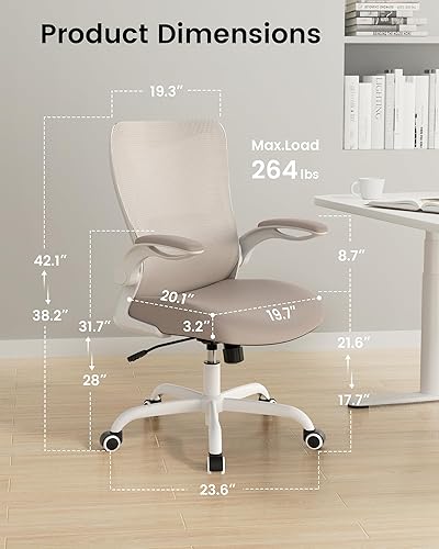Miniatura 2 de Silla de oficina, silla de escritorio ergonómica con soporte lumbar ajustable y reposabrazos abatibles, silla de computadora de malla transpirable