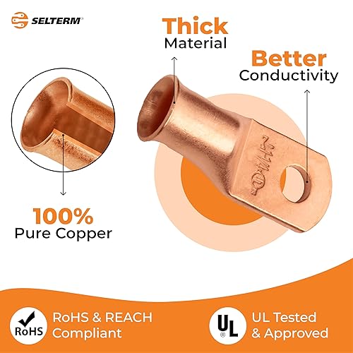 Miniatura 118 de SELTERM - 2 terminales de anillo resistentes para cable de batería, calibre 4 AWG, pernos de 3/8 pulgadas, terminales de calibre 4, ojales de cobre