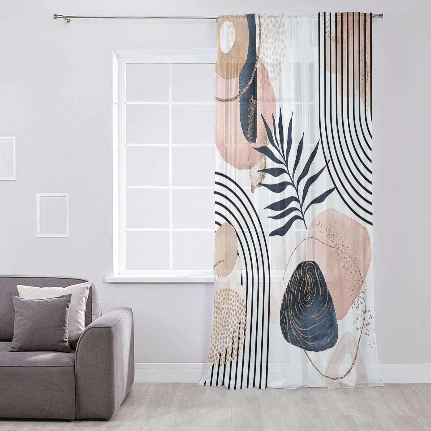 Modern Boho Geometric Window Curtains 63 Inches Long,Semi Sheer Rod Pocket Chiffon Curtains Drapes Drapery Voile Draperies Window Treatment for Living Room,Abstract Art Navy Pink Tropical Palm Trees