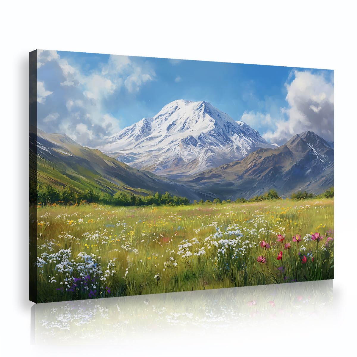 Via Vela Snow Peak Wall Art Canvas Print Blooming Prairie Painting Highland Valley Landscape Poster Floral Wilderness Picture for Living Room Bedroom Hotel Room Decor 80x120cm