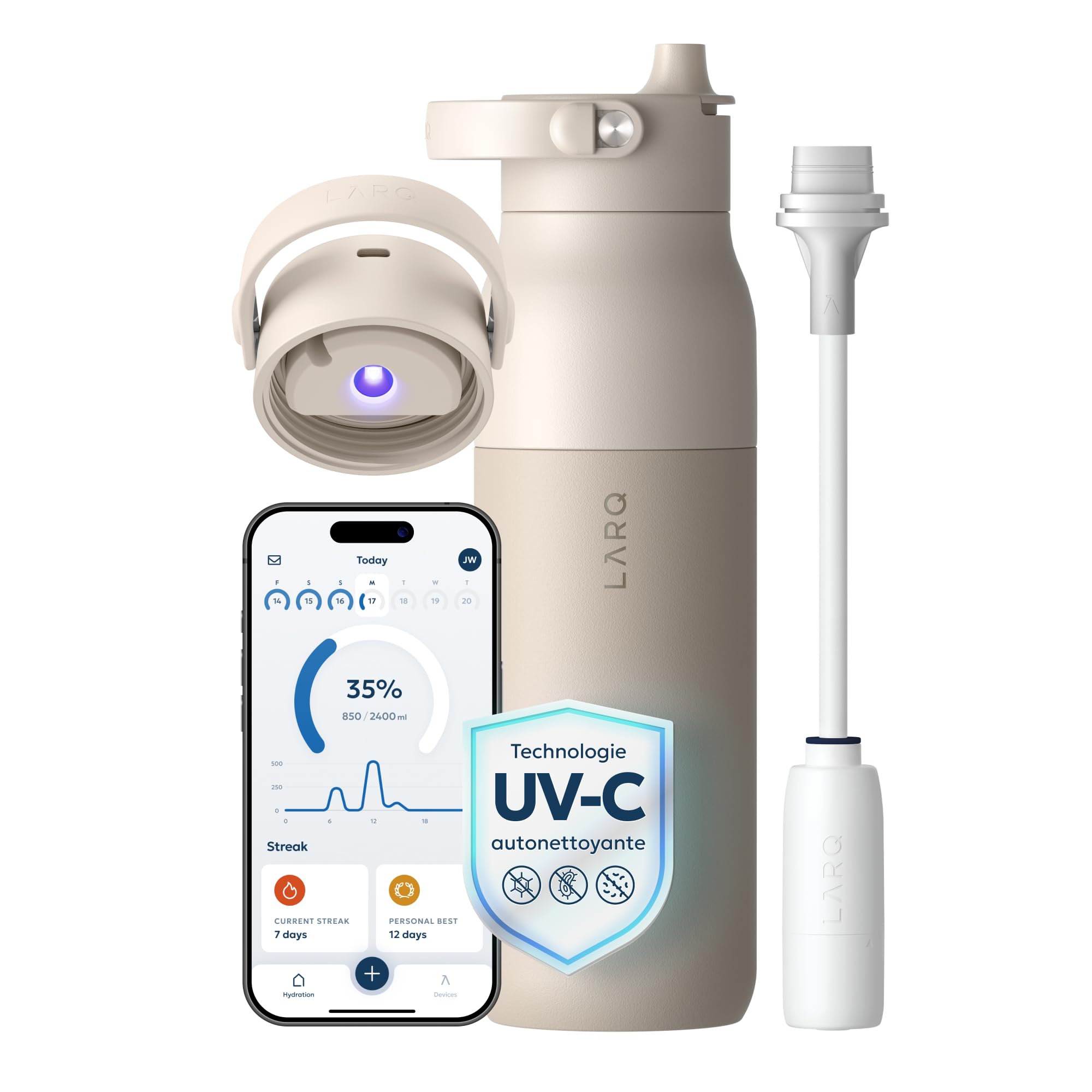 LARQ PureVis 2 Botella Filtrante Inteligente 680ml | UV-​C Autolimpiable | Filtro Nano | Botella Térmica 24h | App Hidratación | Acero Inoxidable 18/​8 Sin BPA | Garrafa Agua Inteligente - Mojave Dune