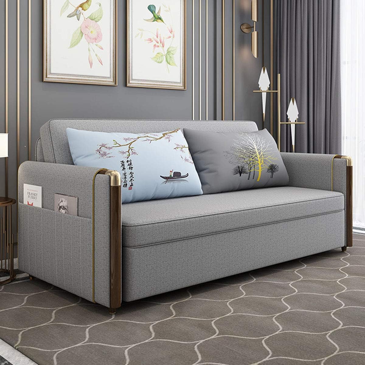 2 In1 Sofa Couches Bed, Nordic Foldable Solid Wood Sofa Convertible Bed, Living Room Double Fabric Storage Sofa Furniture, High Density Sponge Filling Comfortable Cushion,light gray,2.0M
