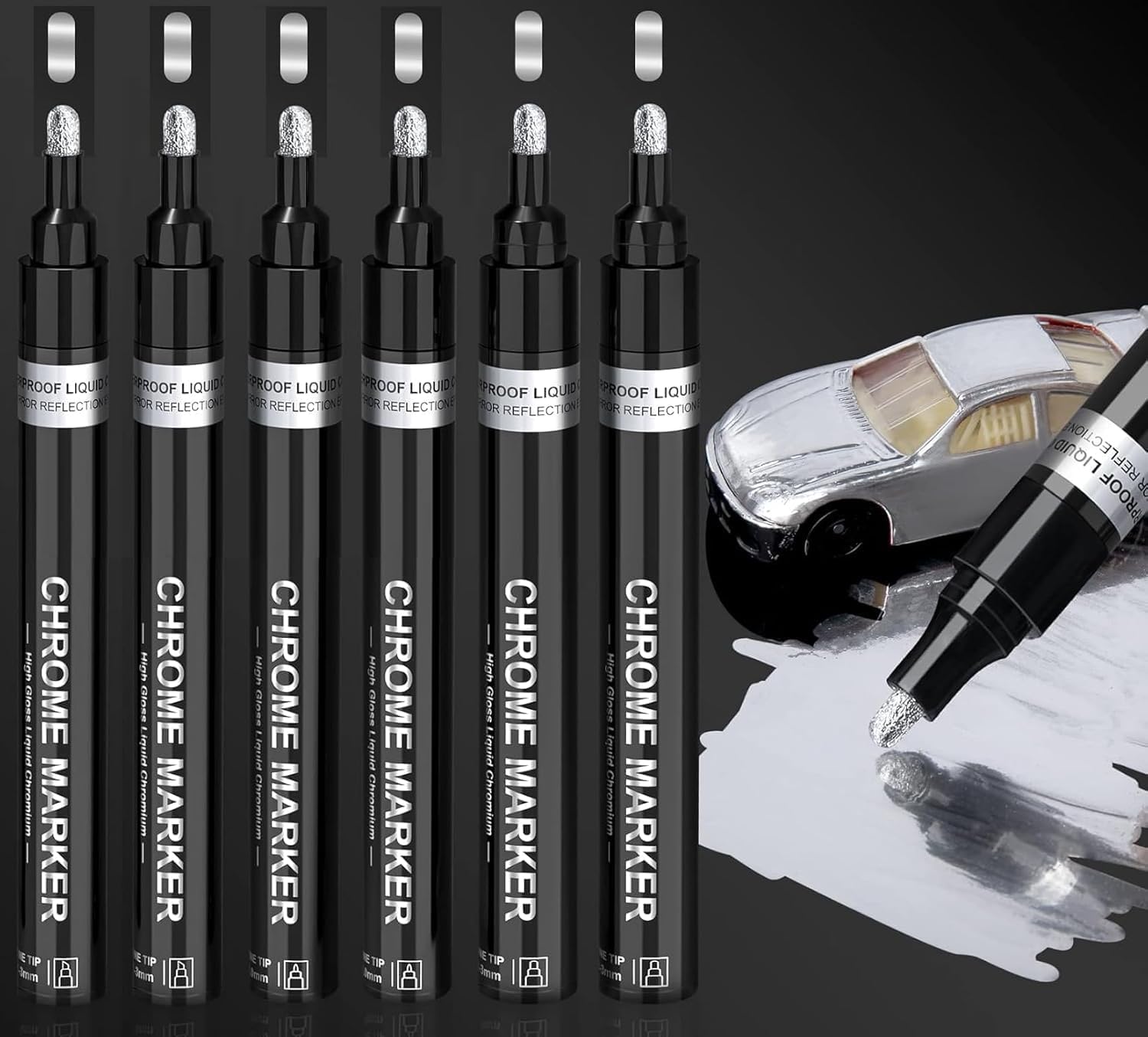 SUPER TOY 6 Silver Liquid Chrome Mirror Markers Oil-Based Permanent Art 3mm Liquid Chrome Marker Set, Reflective Gloss Metallic Mirror Marker, Repair Paint Pen for Model Metal Plastic DIY Craft