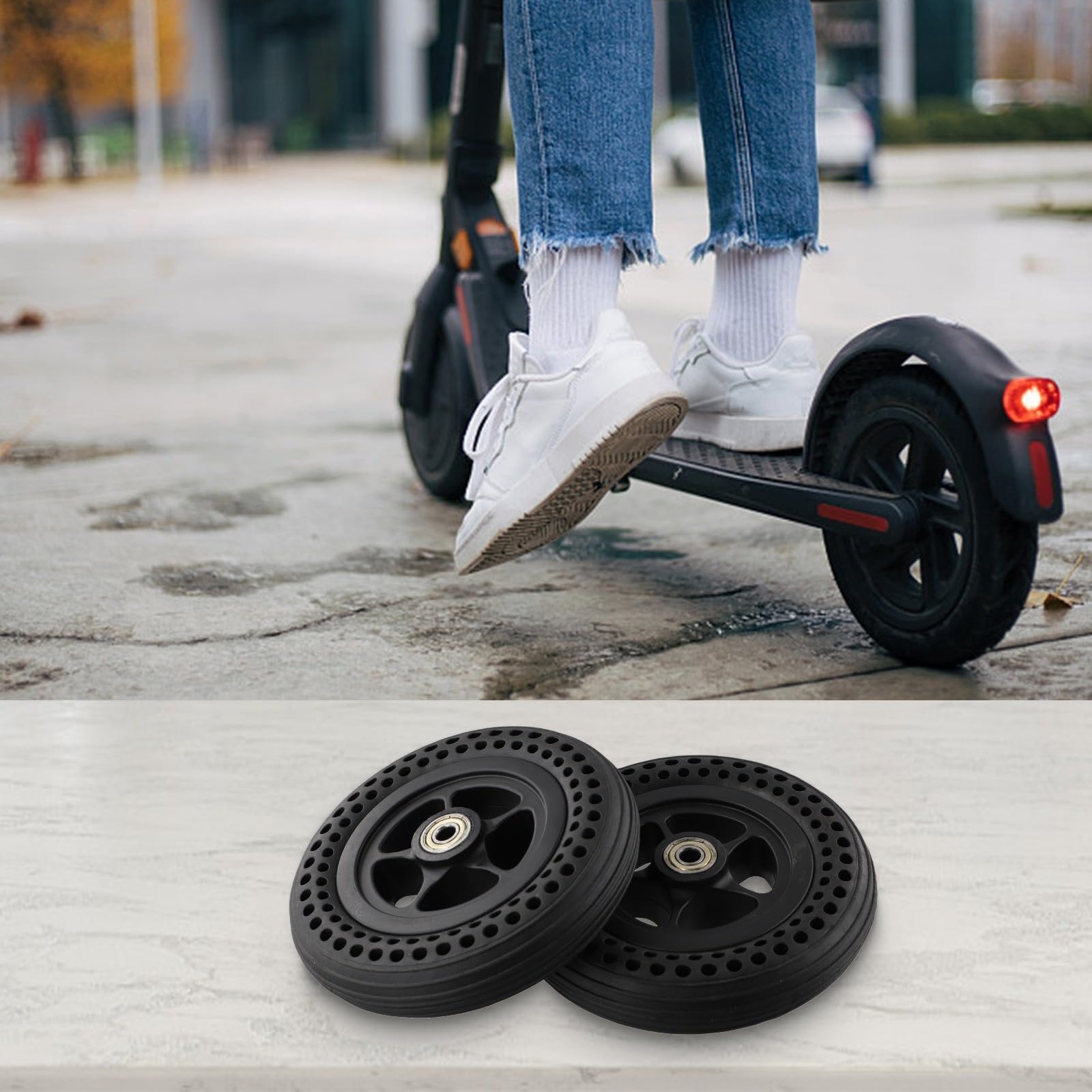 6 cali, pełne gumowe opony 6 x 1 1/4 z piastą koła do skuterów elektrycznych i wózków inwalidzkich, łożysko 8 mm, wytrzymały materiał gumowy z tworzywa sztucznego, czarne (2 szt.)