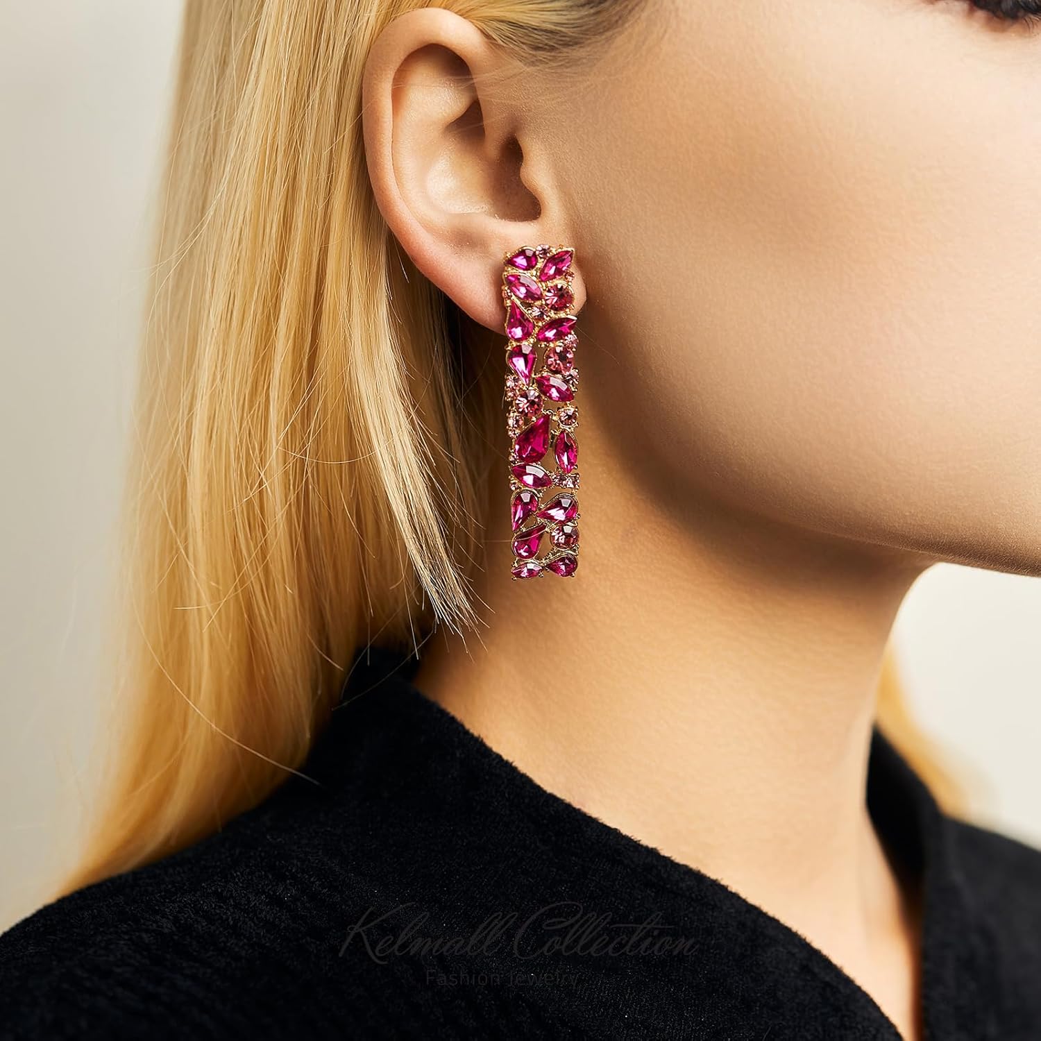 KELMALL Elegant Rhinestone Rectangle Earrings Trendy Crystal Geometric Drop Dangle Statement Earrings for Women - Image 2