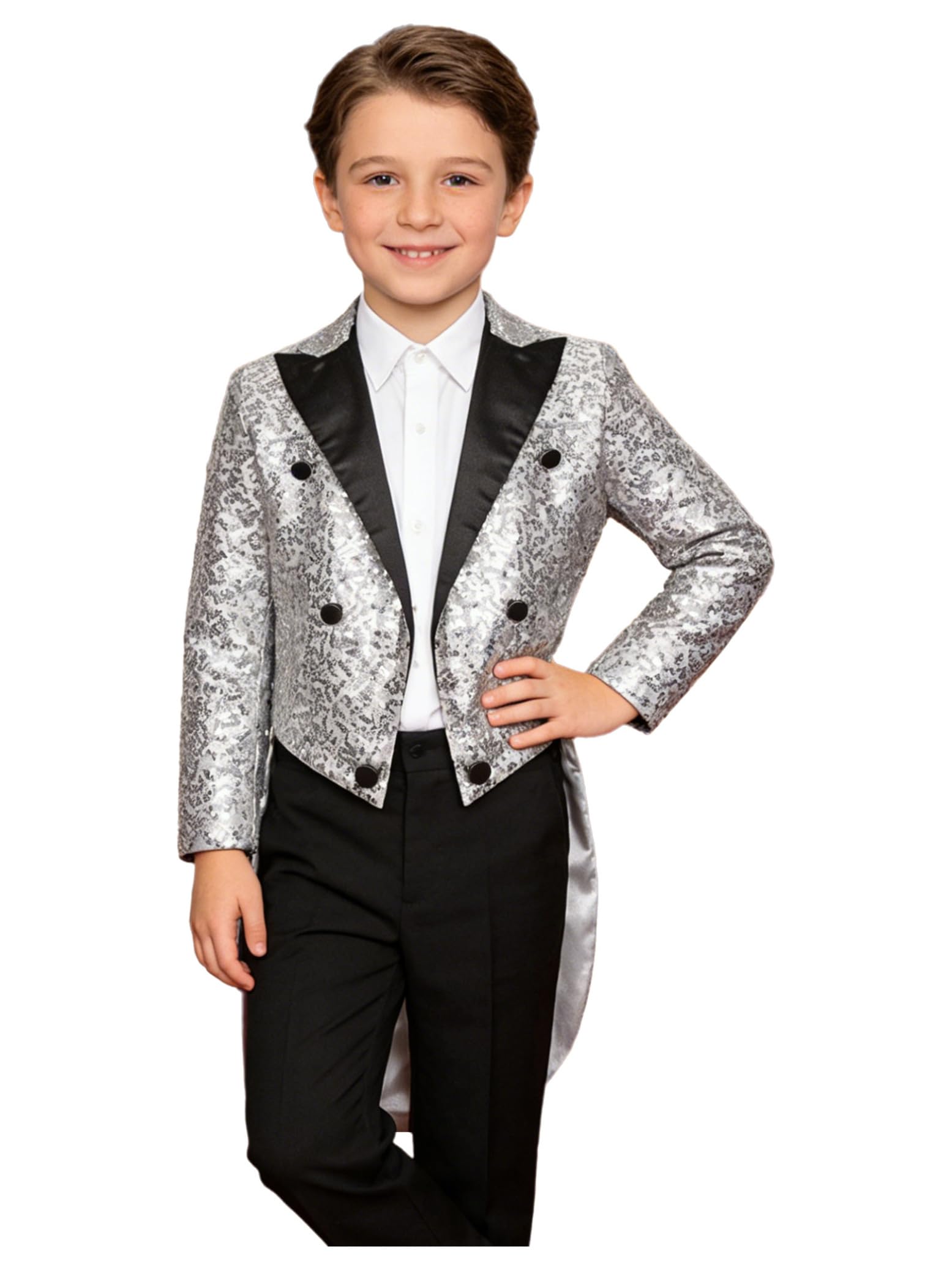 Hedmy Chaqueta Brillante de Fiesta para Niños Blazer Lentejuelas de Esmoquin con Solapa y Botones Cruzados Chaqueta de Mago 5-14 Años Plateado 13-14 años
