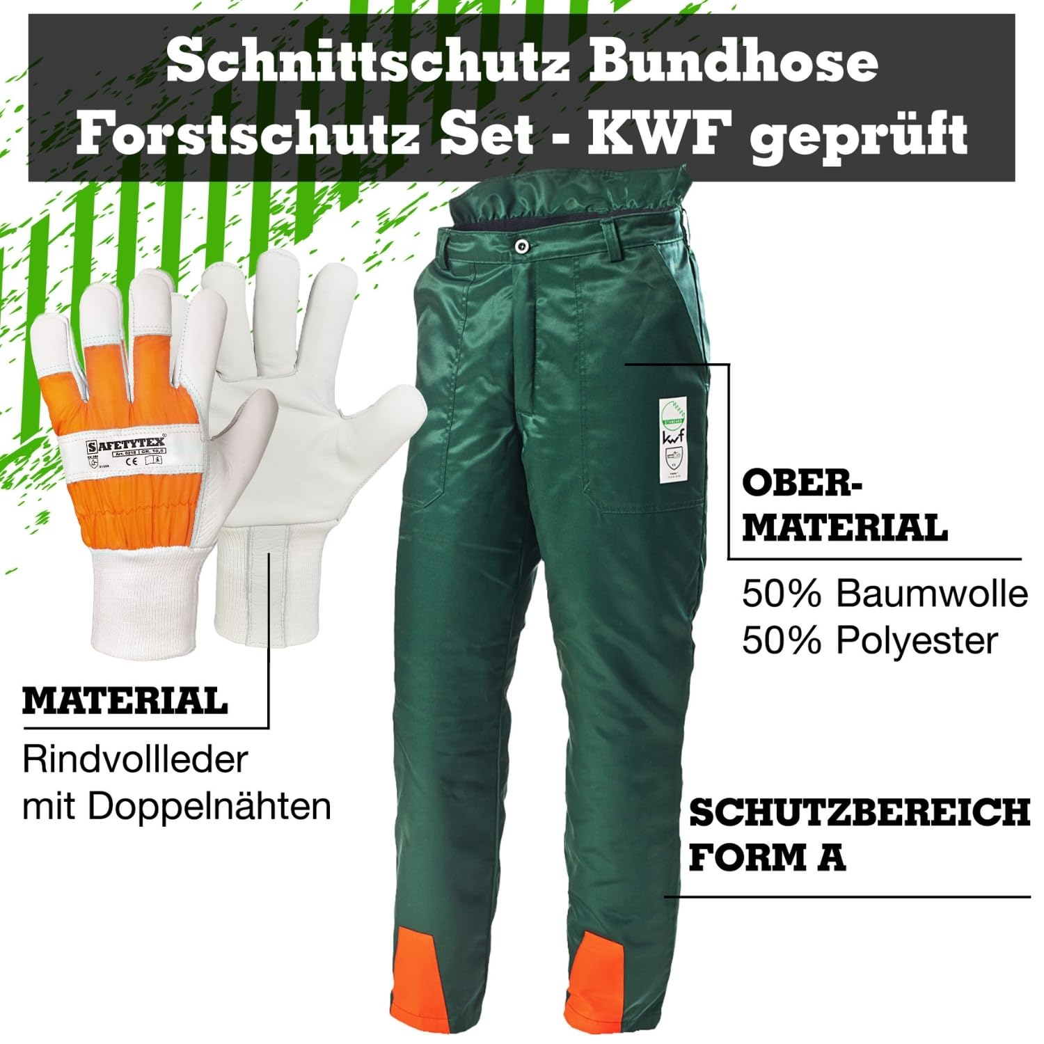 Safetytex Schnittschutzbundhose Schnittschutzhose Bundhose Forstschutz Set 2 TLG KWF geprüft + Forsthandschuhe
