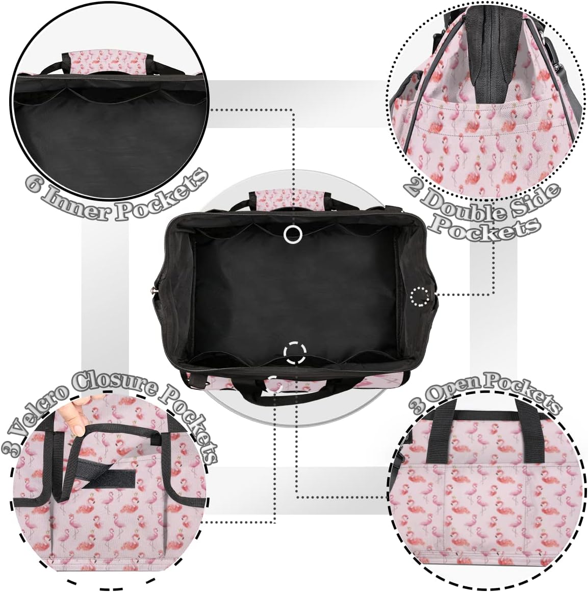 Pink Flamingos Pattern Tool Bag for Men Women Heavy Duty Multi-Pockets Wide Mouth Tool Tote Waterproof Tool Bag Organizer with Adjustable Shoulder Strap