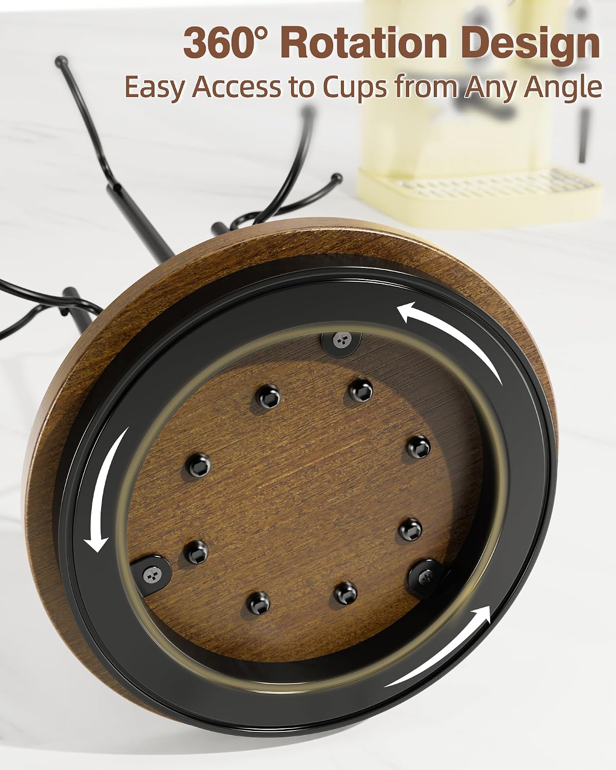 360° Rotating Large Coffee Mug Tree for Counter, 8-Hook Mug Holder with Wooden Base, Space-Saving Mug Tree for Large Cups, Anti-Slip Coffee Cup Holder Black Walnut Color