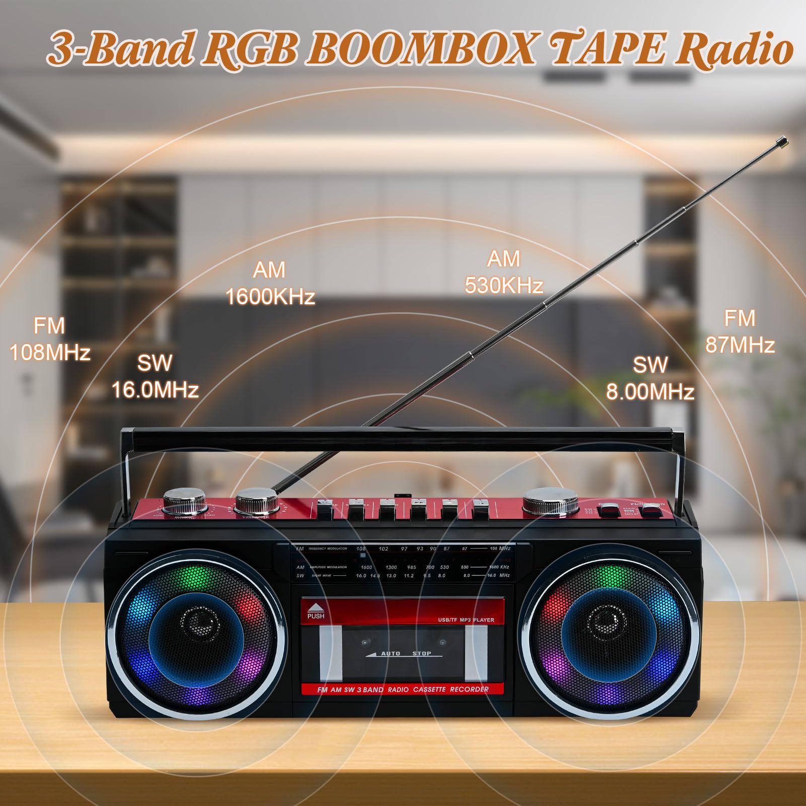 Tragbare Kassettenspieler Boombox AM/FM/SW Radio Stereo, CasetteTape Player Recorder, MP3 Bluetooth USB RGB Lichter TF Karte (Rot)